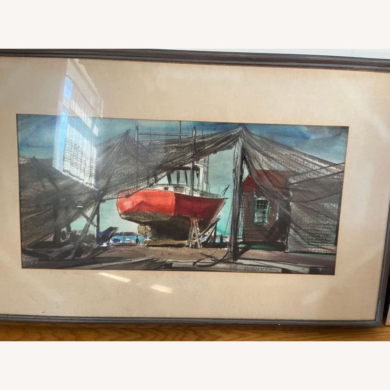 1960 Framed Richard V. Ellery Boatyard Watercolor  - image-6