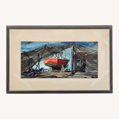 Used 1960 Framed Richard V. Ellery Boatyard Watercolor for sale on AptDeco