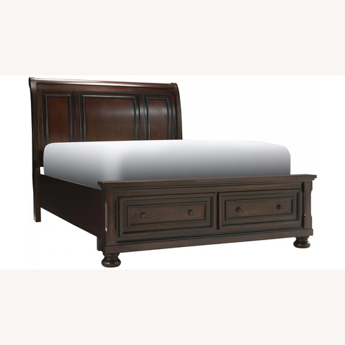 Used Raymour & Flanigan Brown Wood Queen Bed Frame for sale on AptDeco