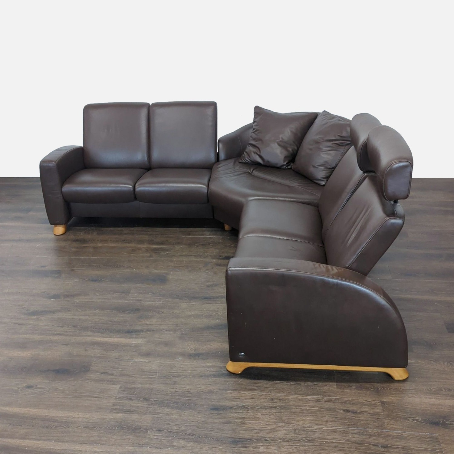 Stressless Brown Leather Sectional Sofa with Wood - image-2