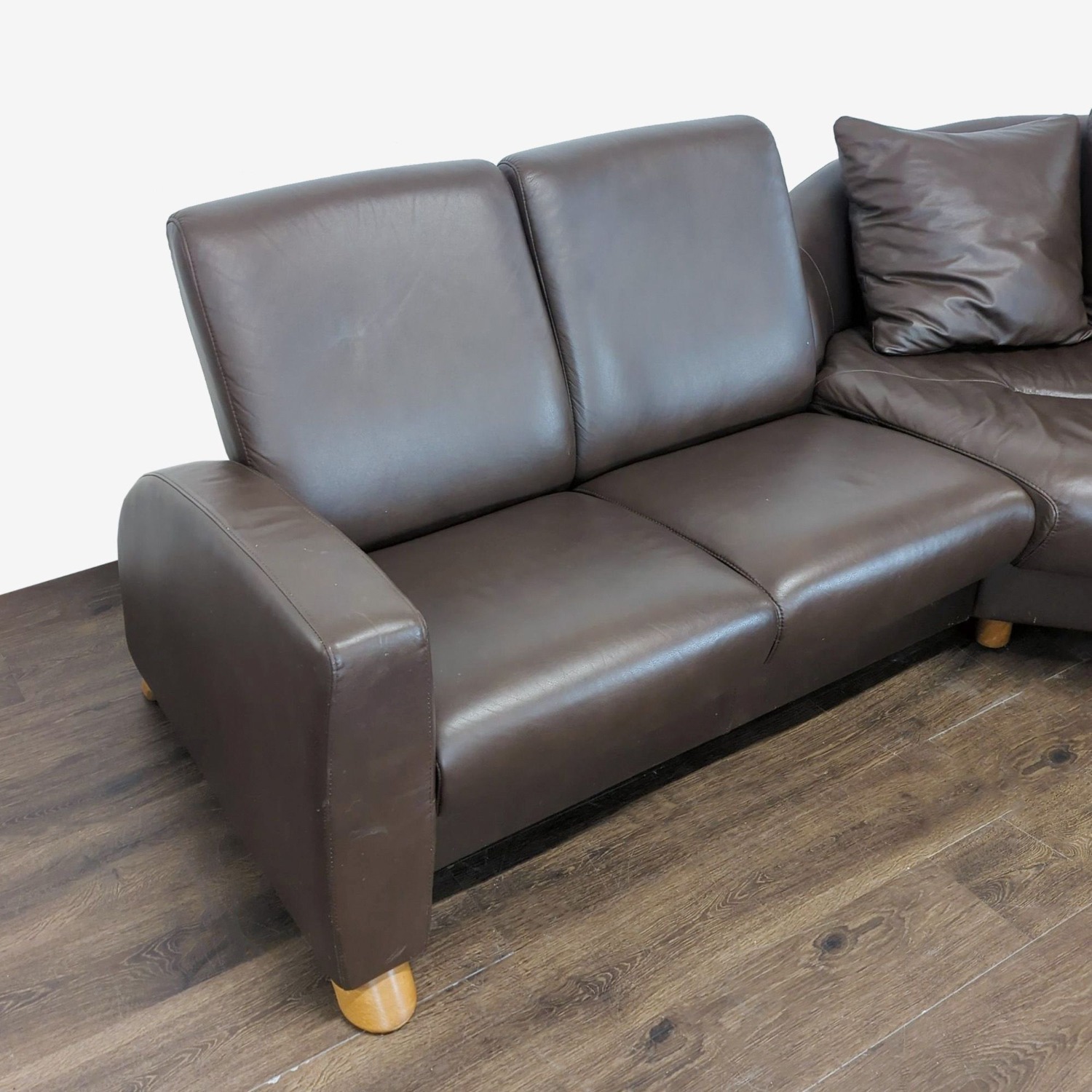 Stressless Brown Leather Sectional Sofa with Wood - image-3