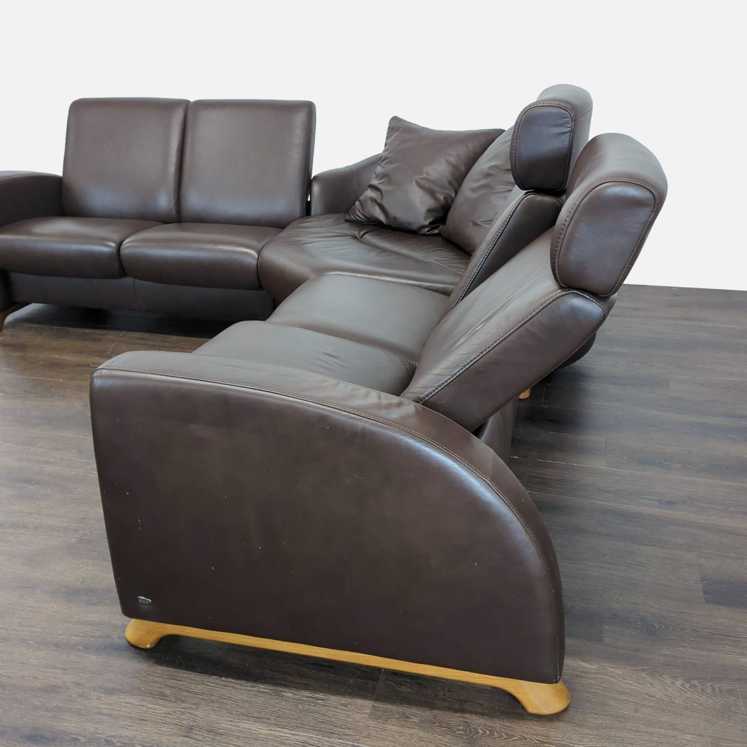 Stressless Brown Leather Sectional Sofa with Wood - image-4