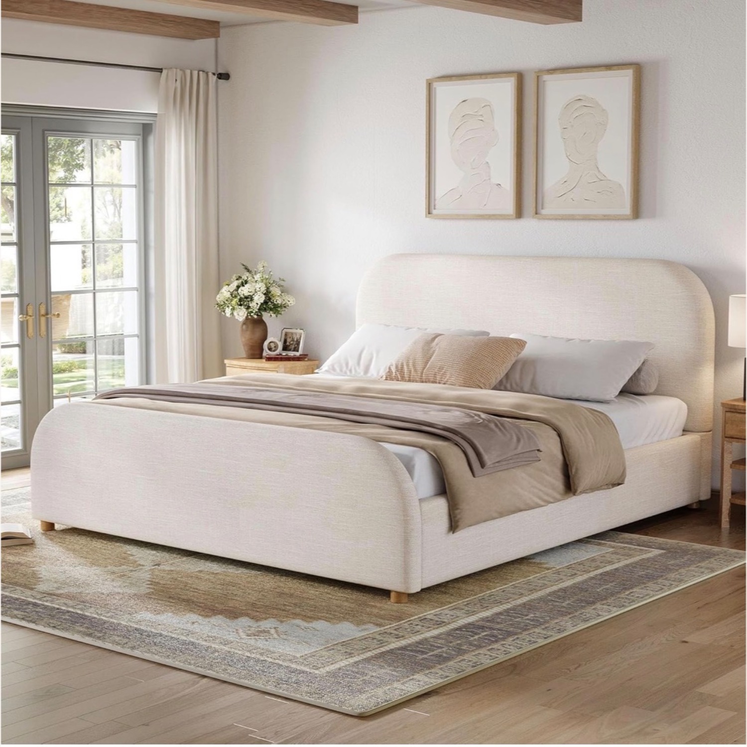 King Bed Natural Lanet Linen Sleigh Bed - image-3