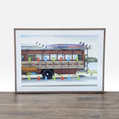 Used Framed Surf Bus Art Print with Colorful Paddles	 for sale on AptDeco
