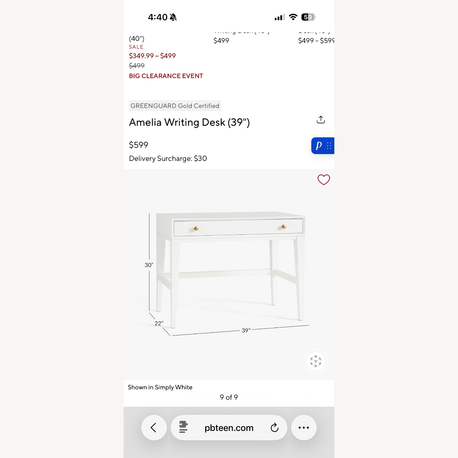 Pottery Barn Amelia Writing Desk (39") - image-5