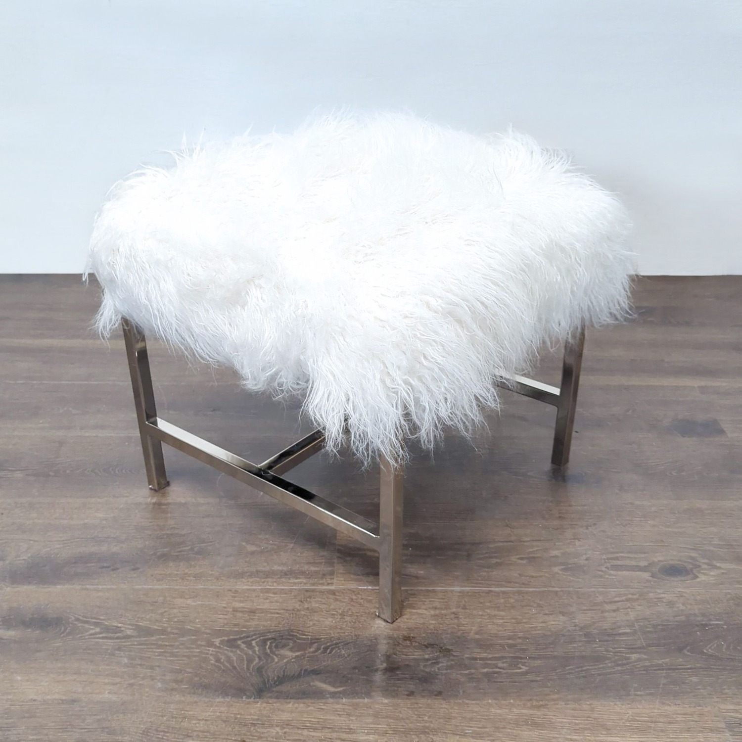 Faux Fur Ottoman on a Metal Base	 - image-1