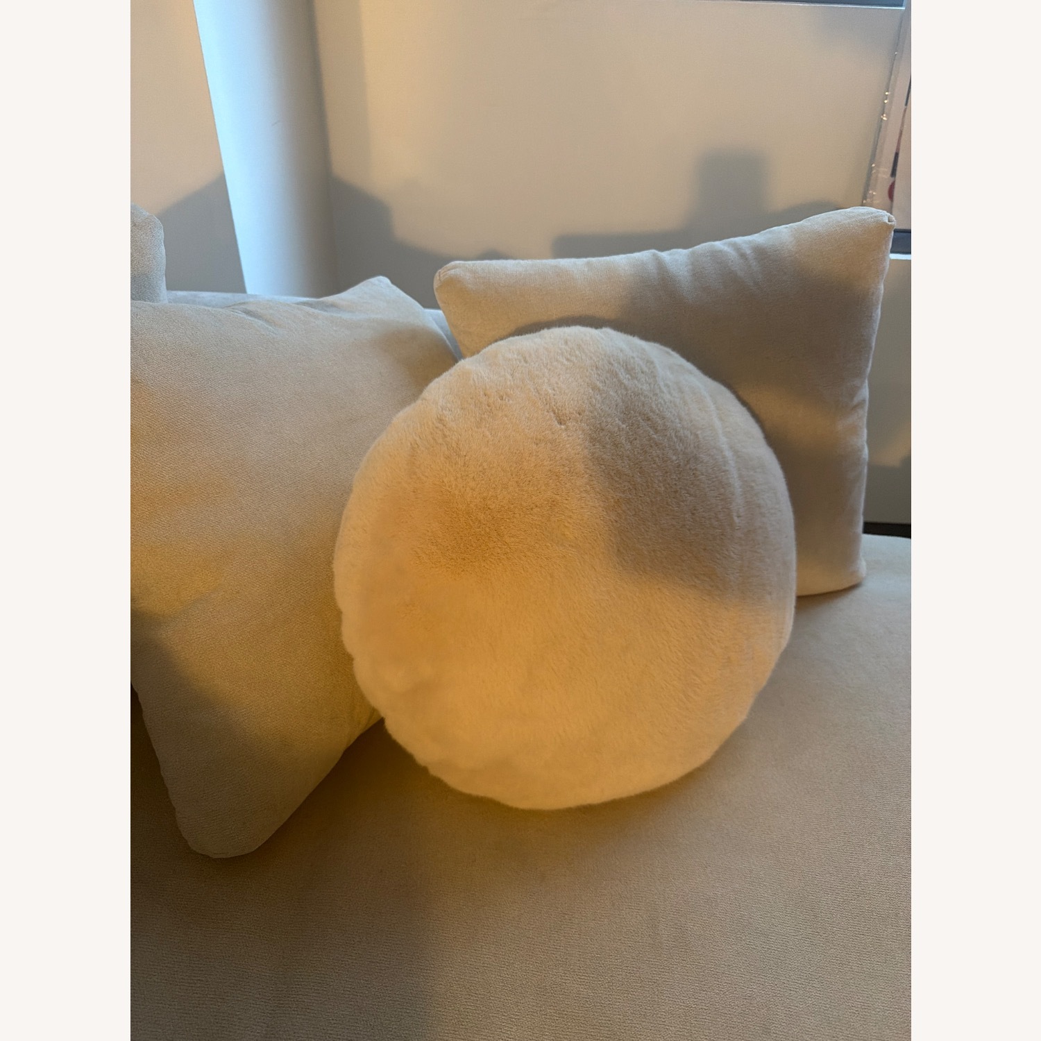 CB2 Round Ivory White Faux Fur Throw Pillow 16" - image-2