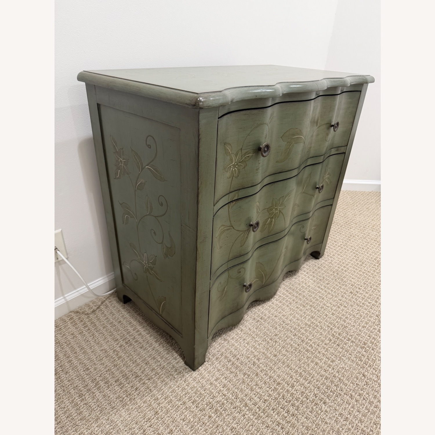 Green Wood Dresser with Floral Detailing - image-1