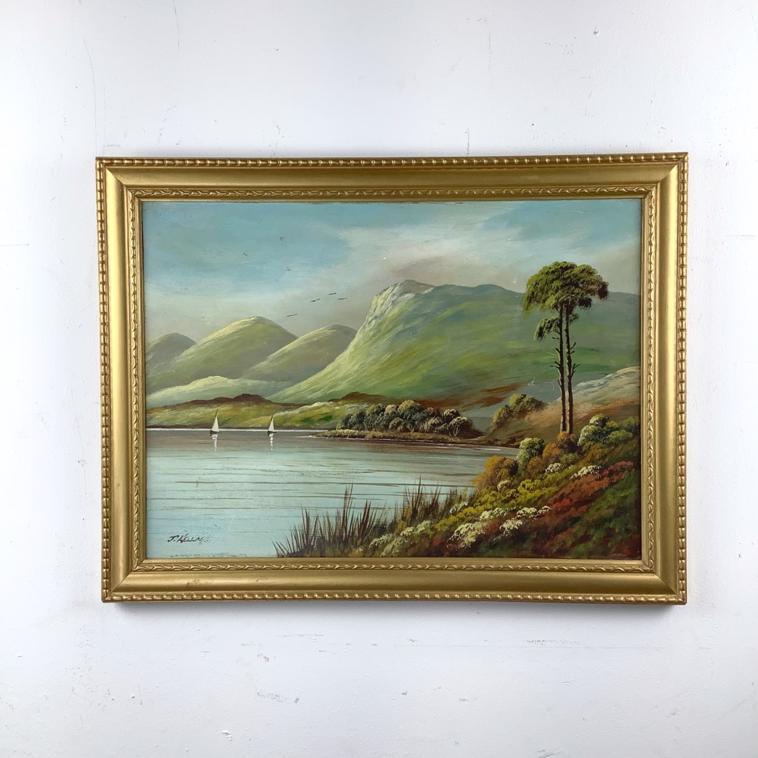 Antique Oil Painting Scottish Loch Landscape - image-2