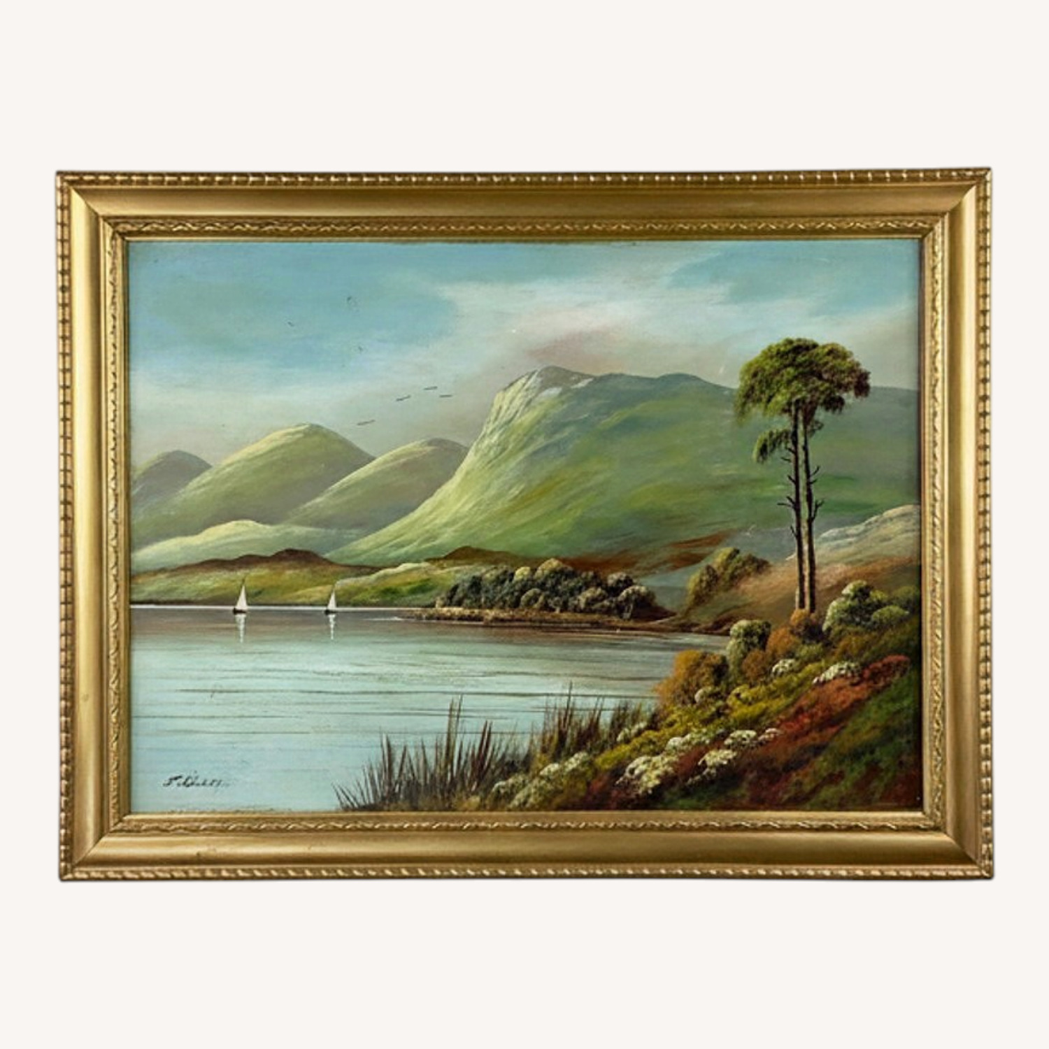 Antique Oil Painting Scottish Loch Landscape - image-0