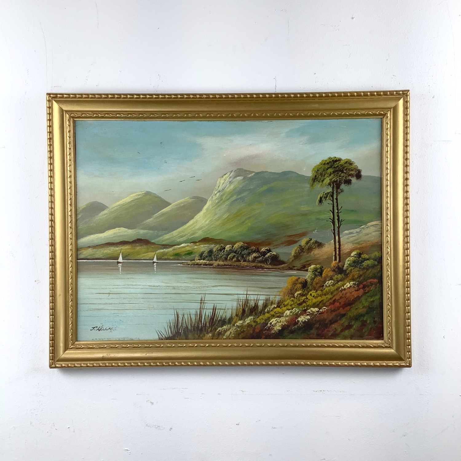 Antique Oil Painting Scottish Loch Landscape - image-1