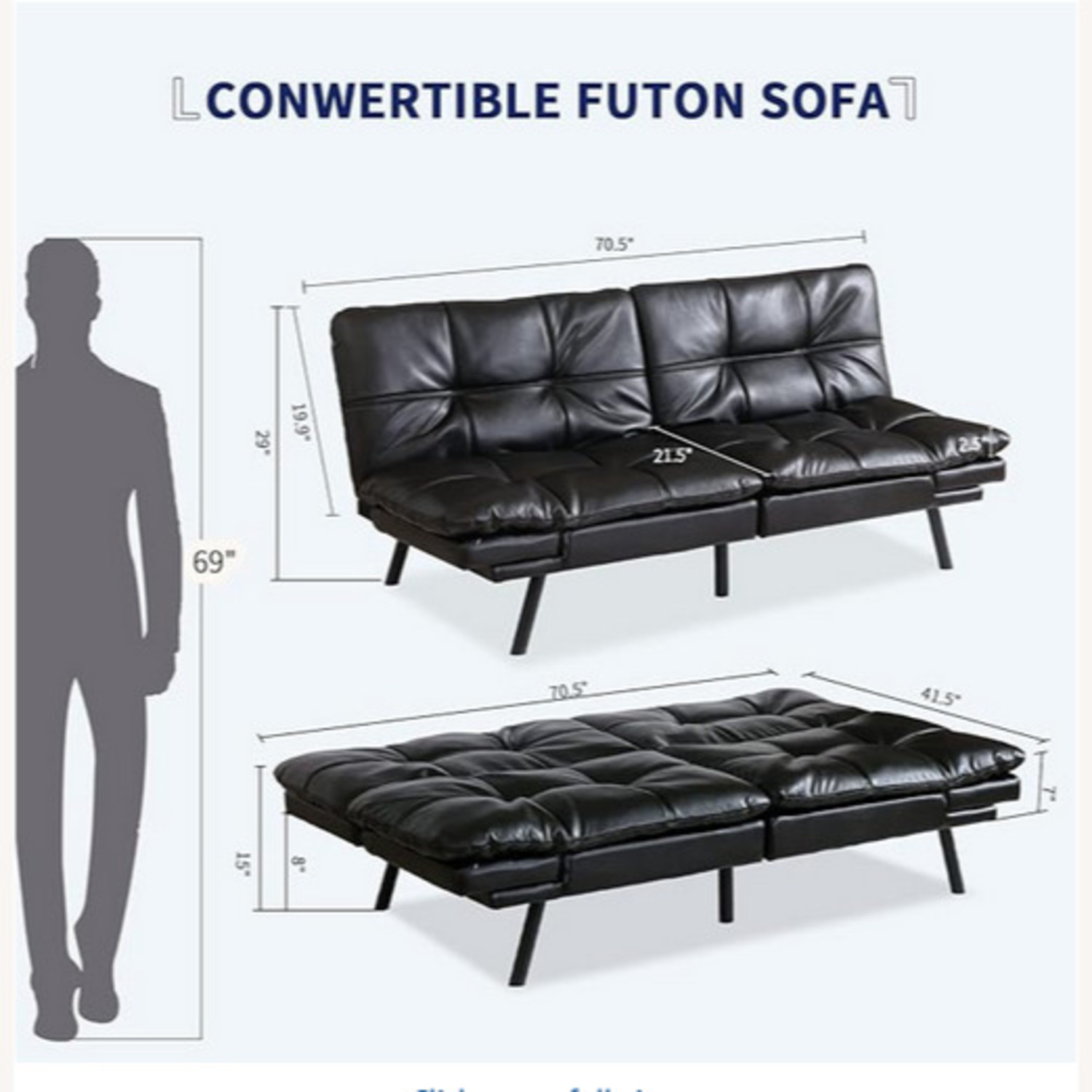 Amazon Opoiar Black Faux Leather Futon - image-3