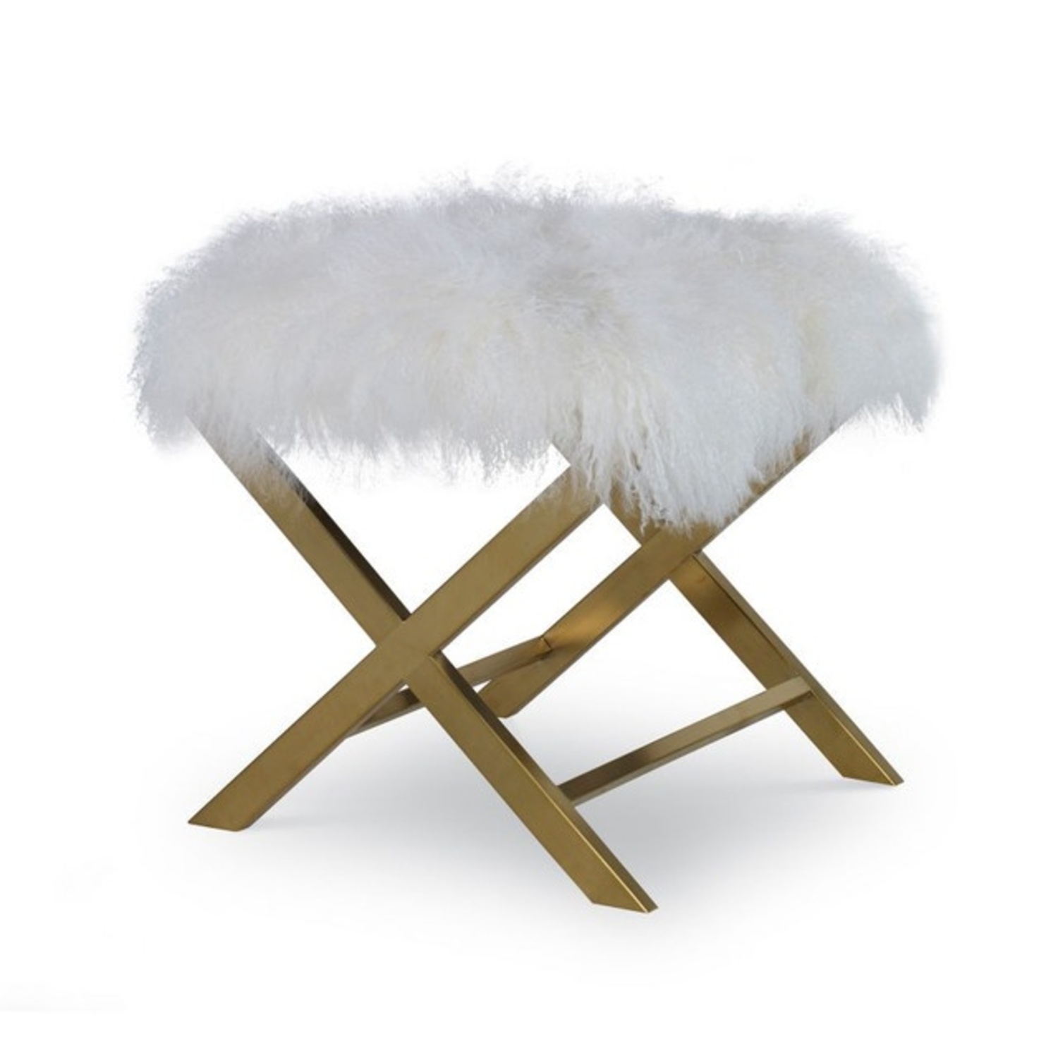 Jonathan Adler White Sheepskin Ottoman or Pouf with Gold Base - image-5