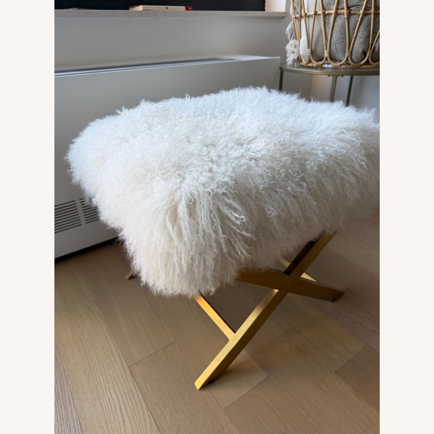 Jonathan Adler White Sheepskin Ottoman or Pouf with Gold Base - image-1