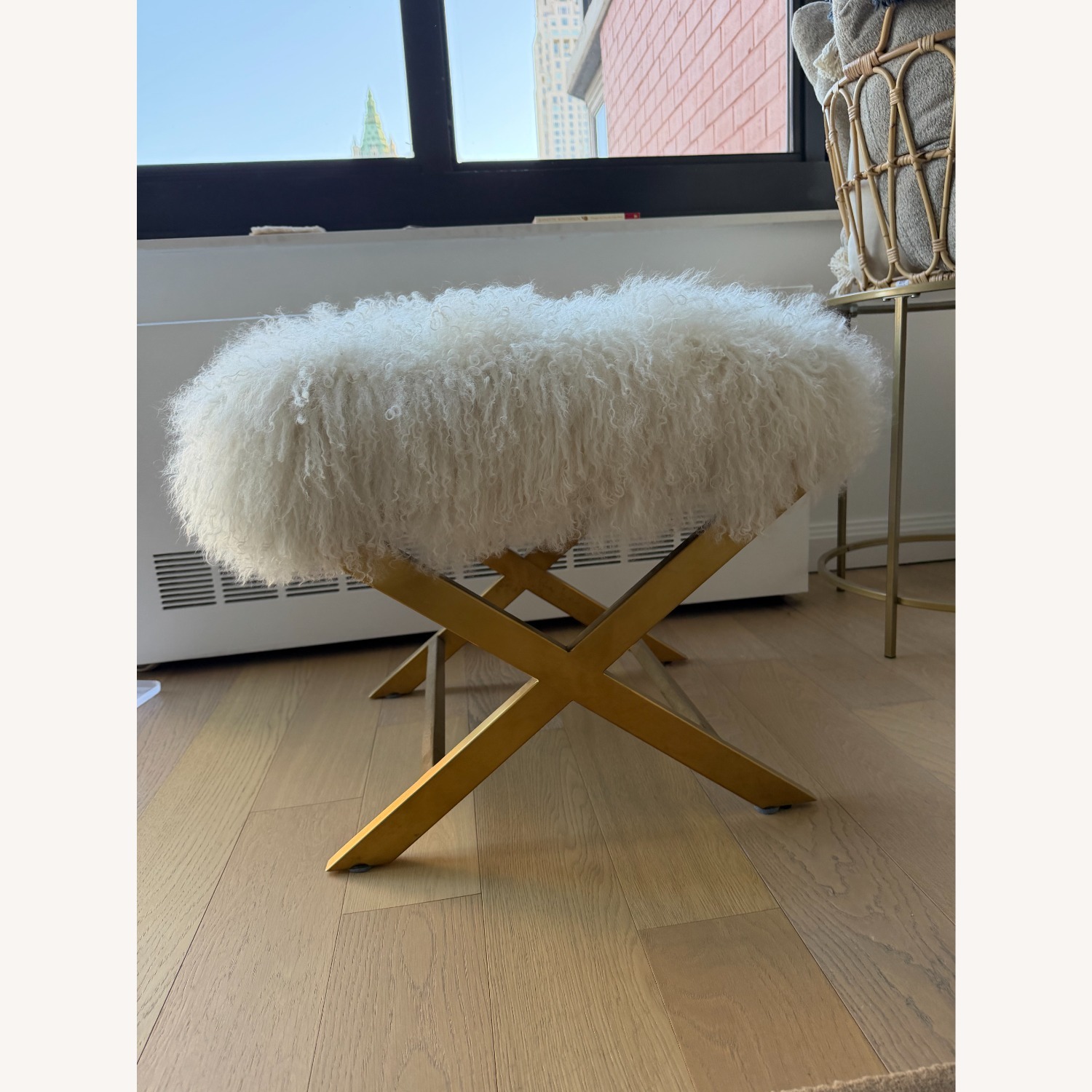 Jonathan Adler White Sheepskin Ottoman or Pouf with Gold Base - image-3