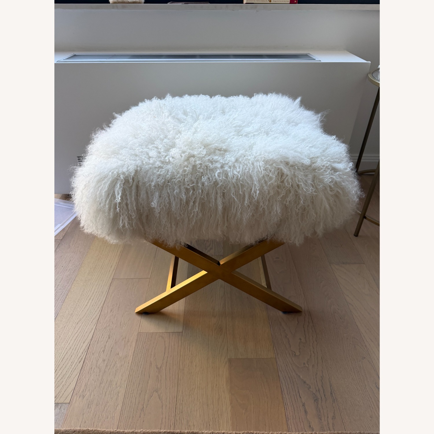 Jonathan Adler White Sheepskin Ottoman or Pouf with Gold Base - image-2