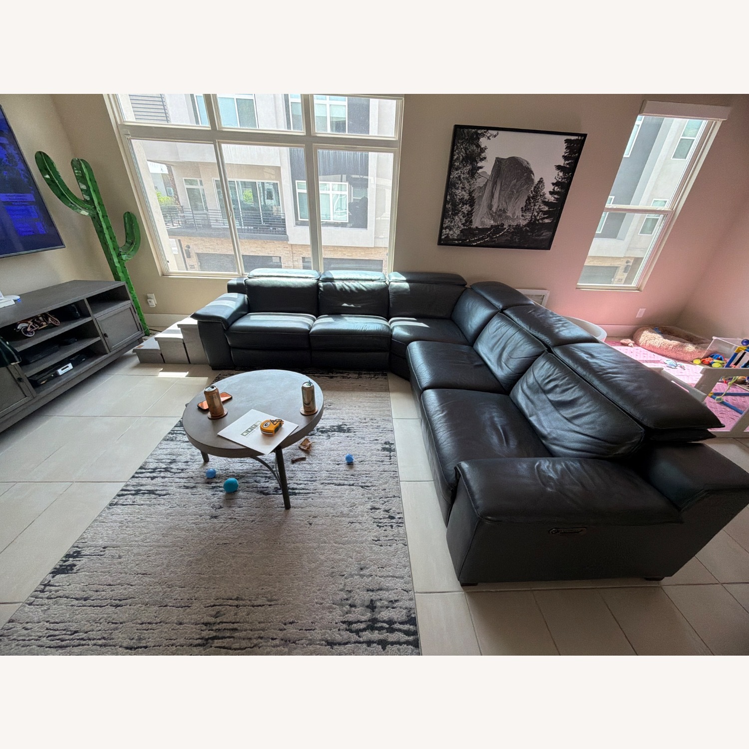 Living Spaces Black Hana Slate Leather 3+ Seater Sofa - image-2