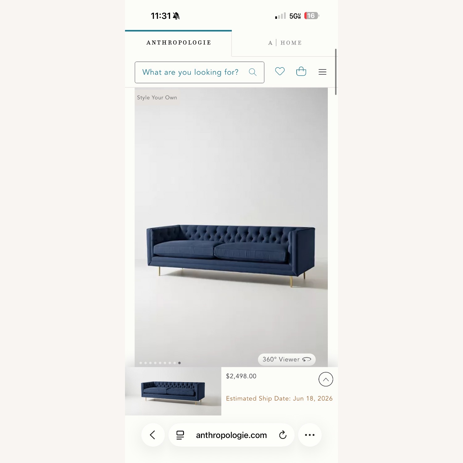 Anthropologie Mina Blue Fabric 3+ Seater Sofa - image-6