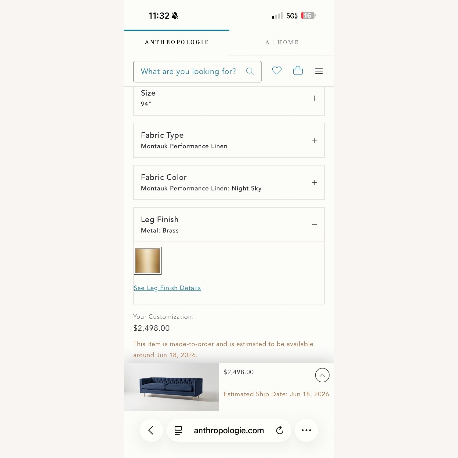 Anthropologie Mina Blue Fabric 3+ Seater Sofa - image-7