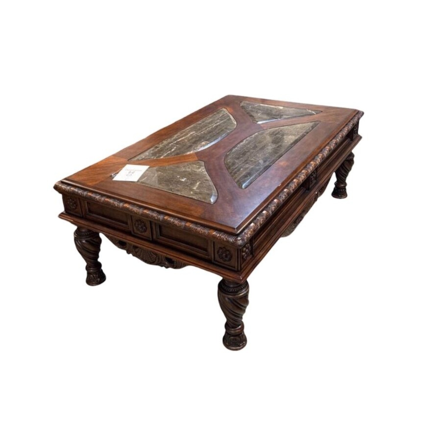 Ornate Wood w Stone Inlay Inserts Coffee Table - image-1