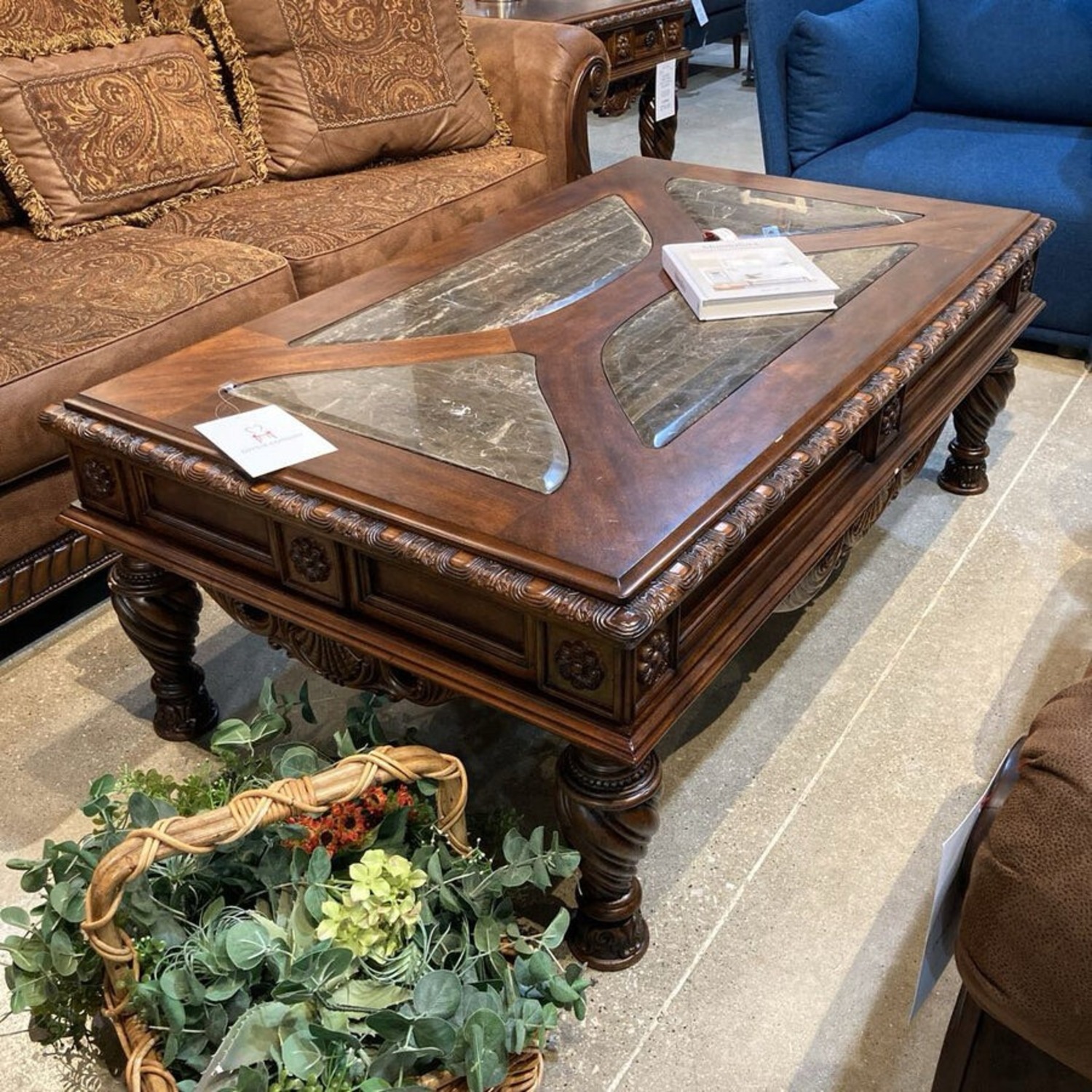 Ornate Wood w Stone Inlay Inserts Coffee Table - image-2