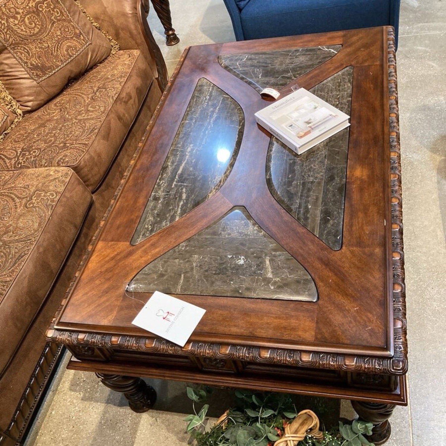 Ornate Wood w Stone Inlay Inserts Coffee Table - image-4