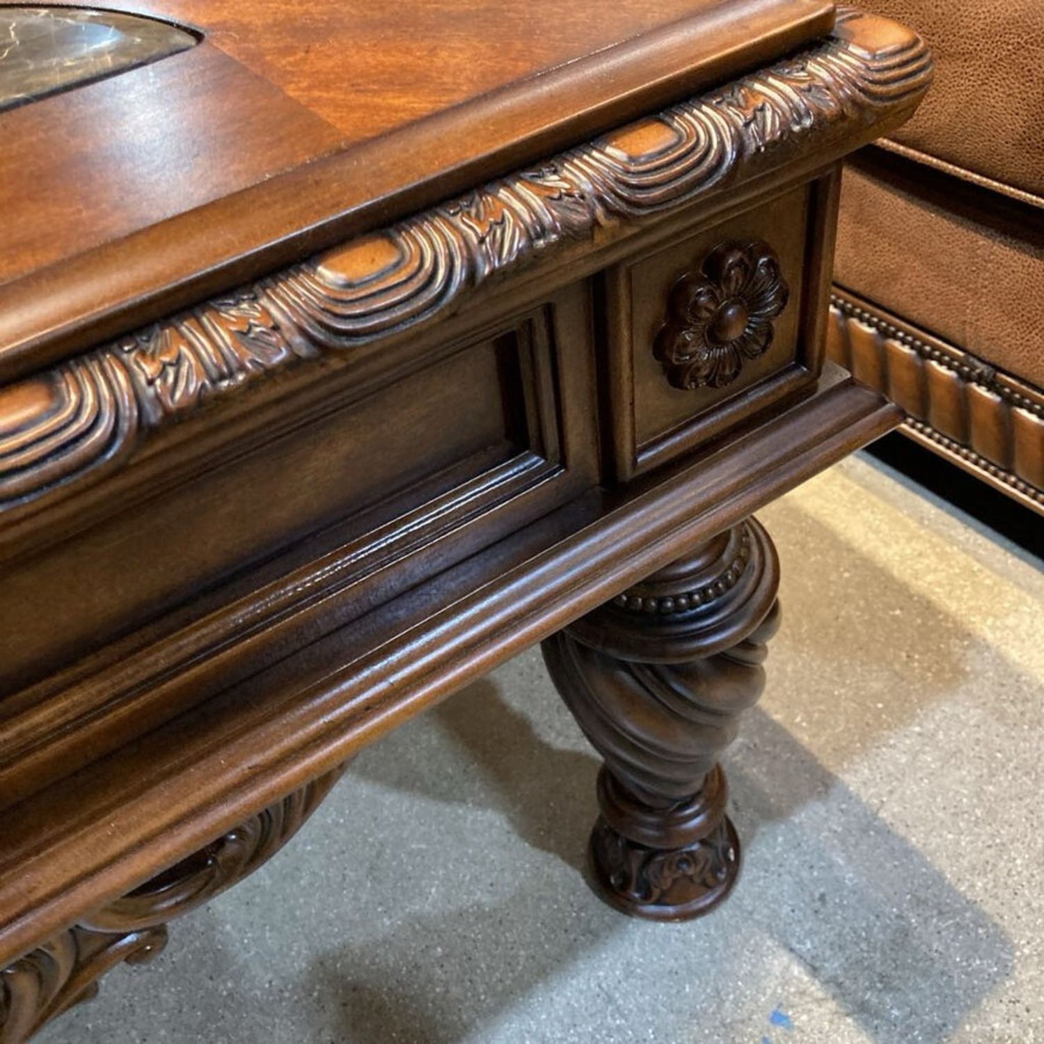 Ornate Wood w Stone Inlay Inserts Coffee Table - image-11