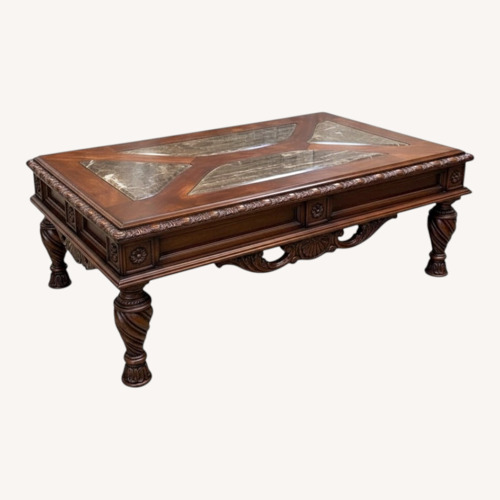 Used Ornate Wood w Stone Inlay Inserts Coffee Table for sale on AptDeco