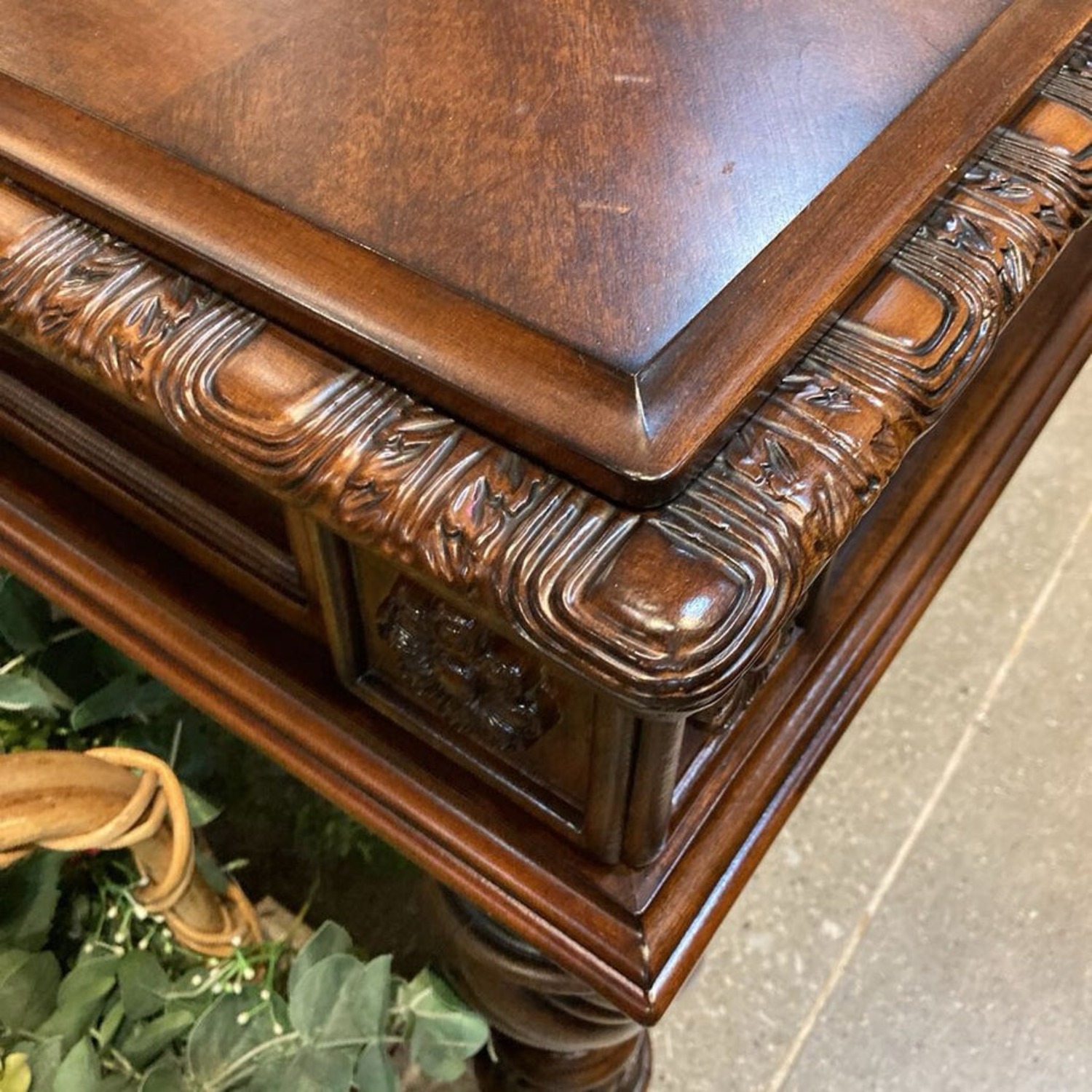 Ornate Wood w Stone Inlay Inserts Coffee Table - image-5