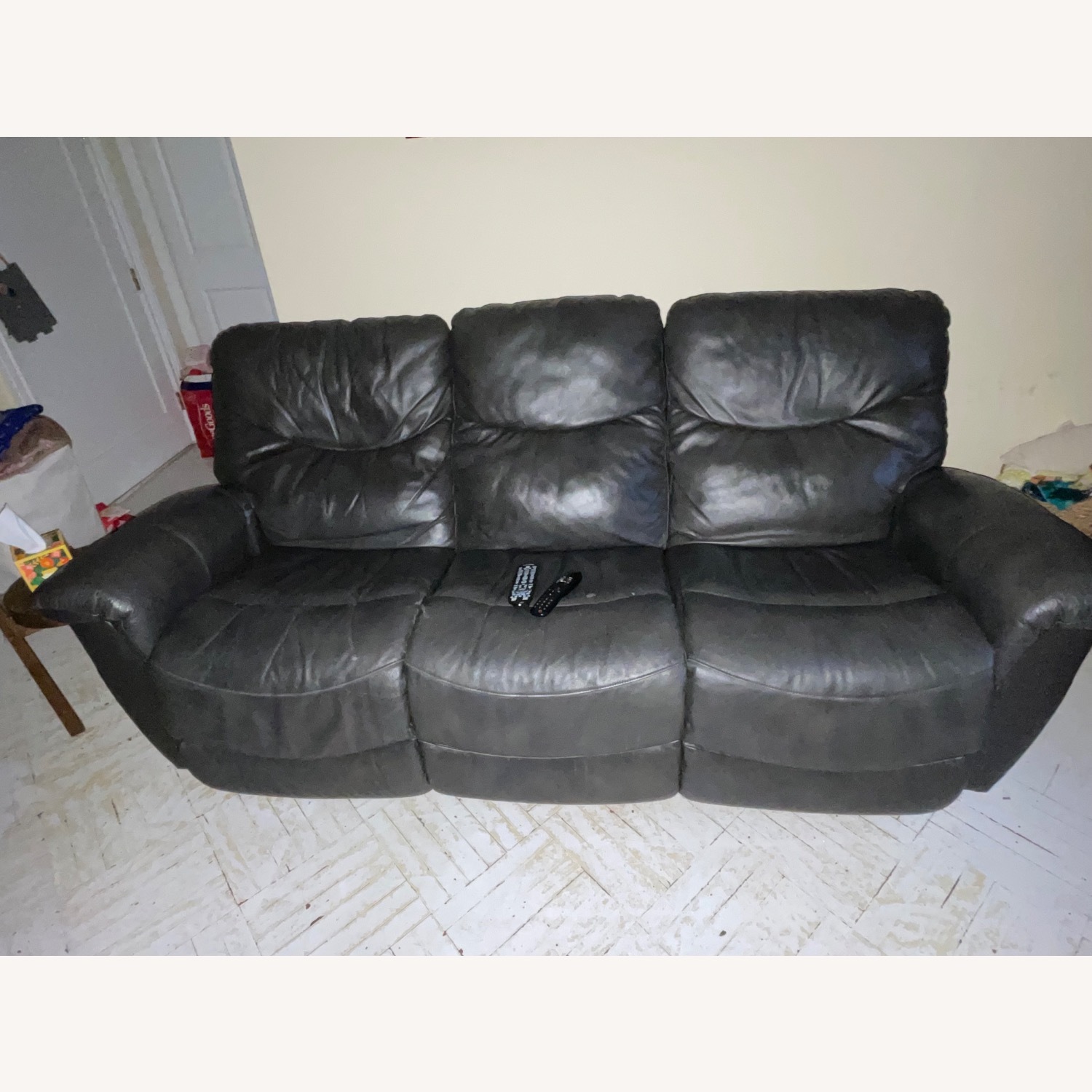Lazyboy Reclining Gray Leather Couch - image-1
