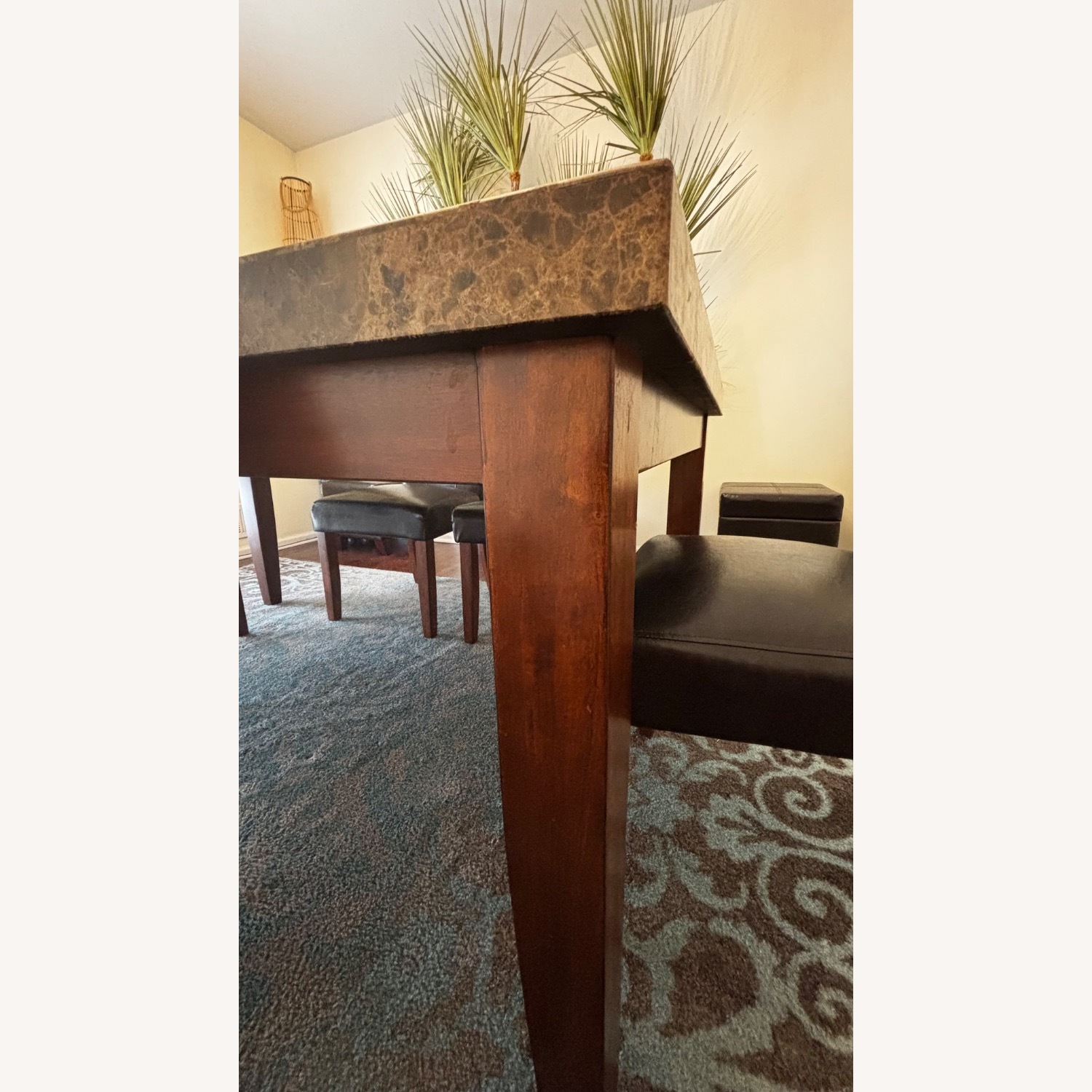 Dark Brown Leather Chairs, Marble Top Dining Set - image-7