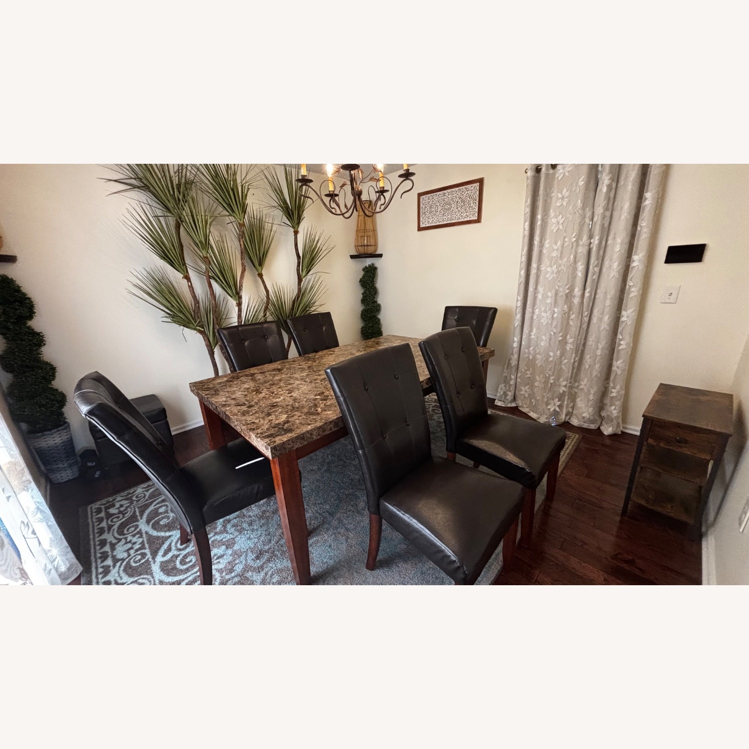 Dark Brown Leather Chairs, Marble Top Dining Set - image-8