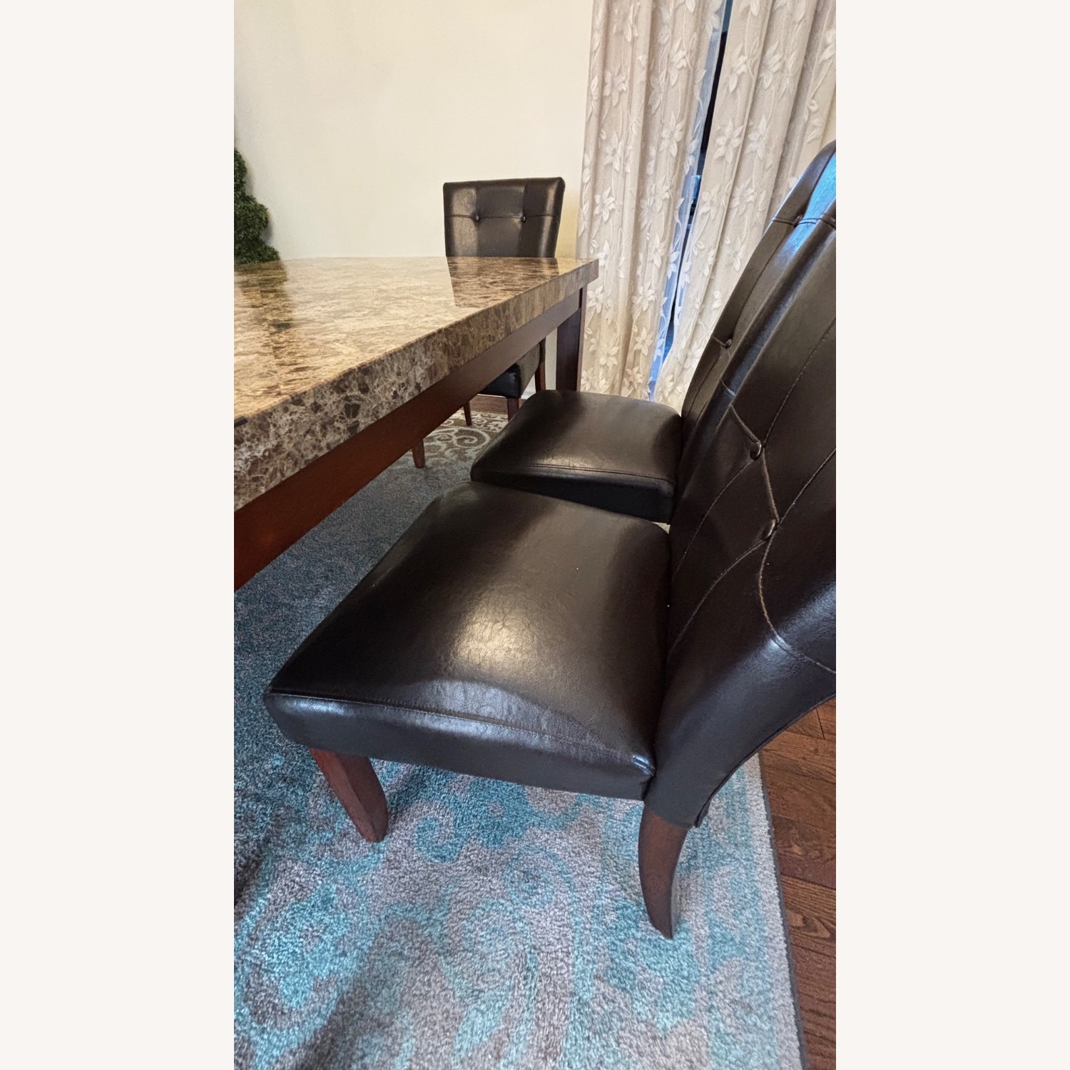 Dark Brown Leather Chairs, Marble Top Dining Set - image-5