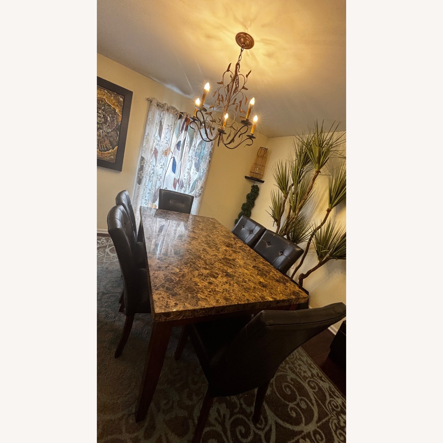 Dark Brown Leather Chairs, Marble Top Dining Set - image-1