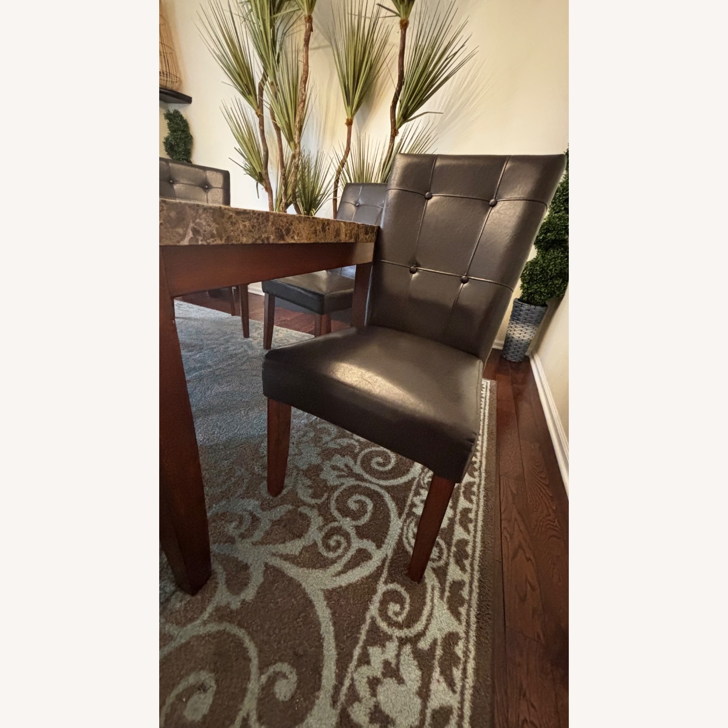 Dark Brown Leather Chairs, Marble Top Dining Set - image-4