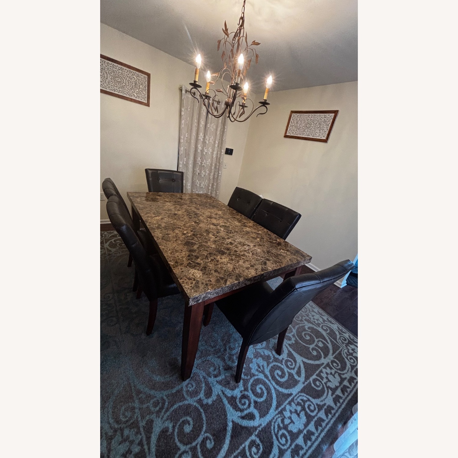 Dark Brown Leather Chairs, Marble Top Dining Set - image-2