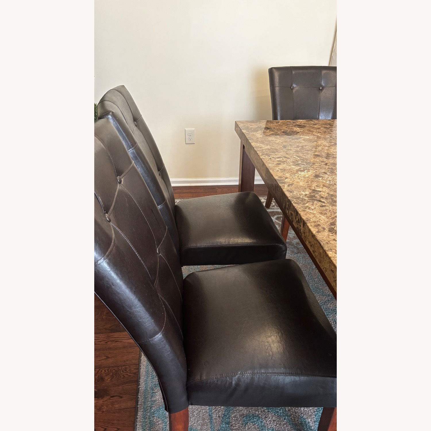 Dark Brown Leather Chairs, Marble Top Dining Set - image-10