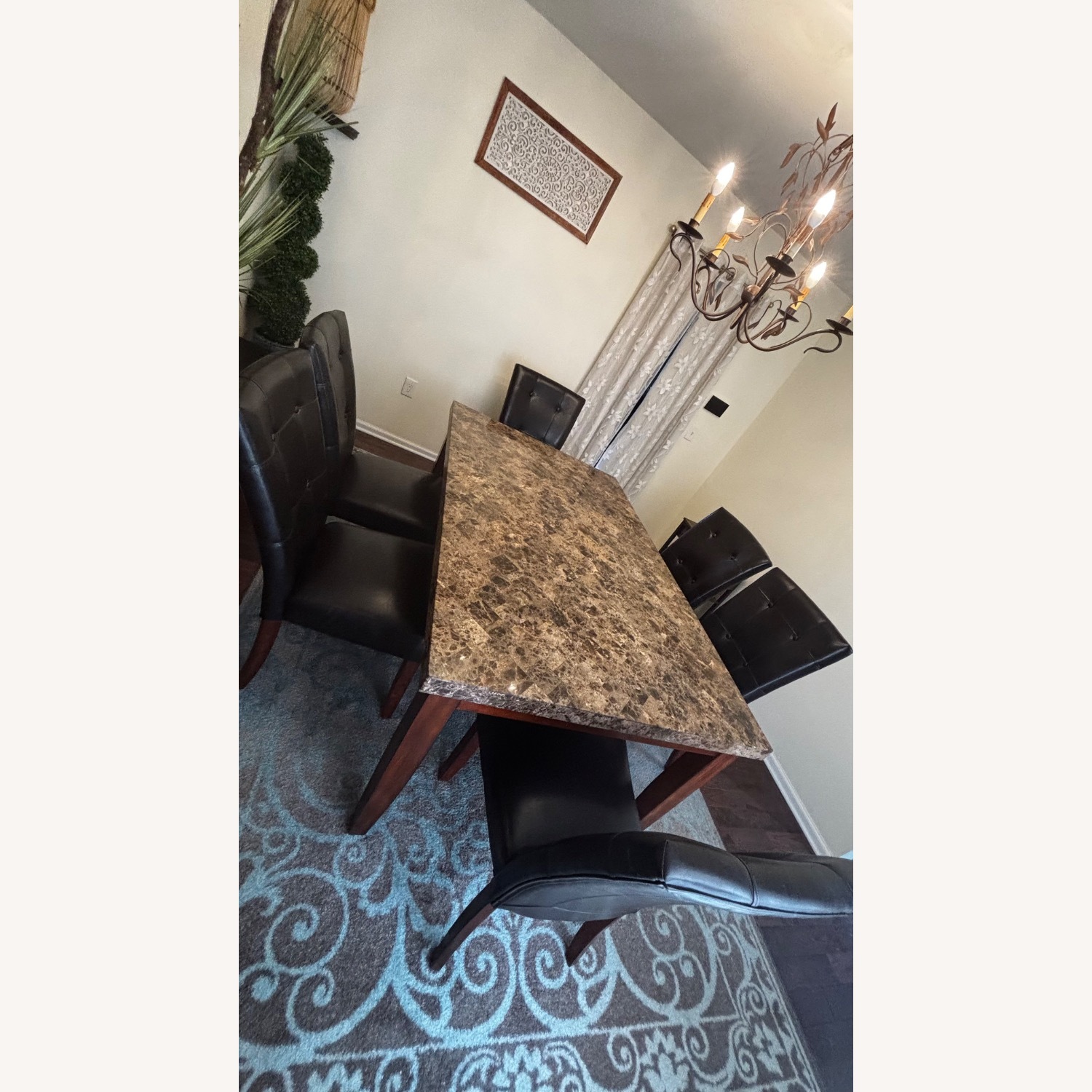 Dark Brown Leather Chairs, Marble Top Dining Set - image-3