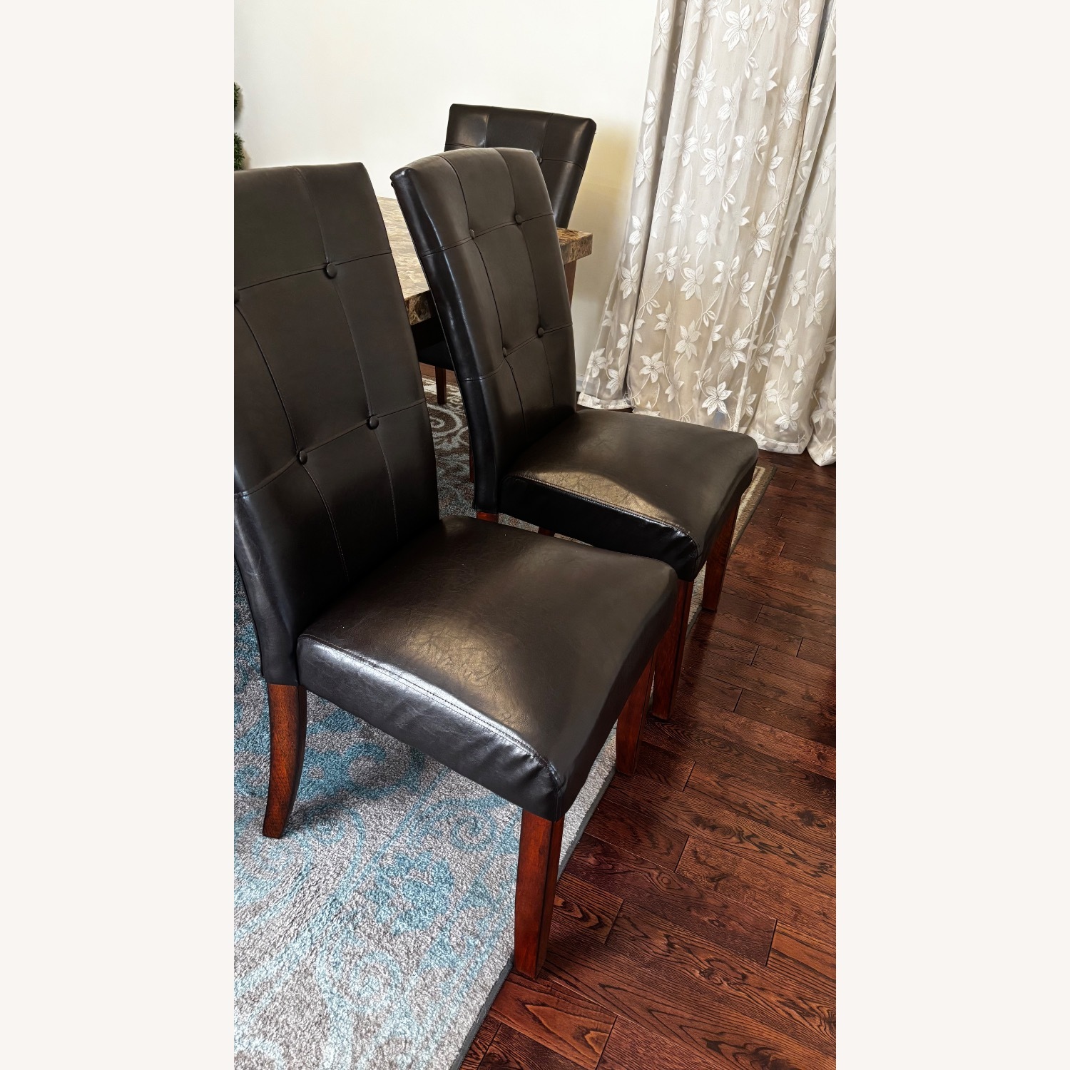 Dark Brown Leather Chairs, Marble Top Dining Set - image-6