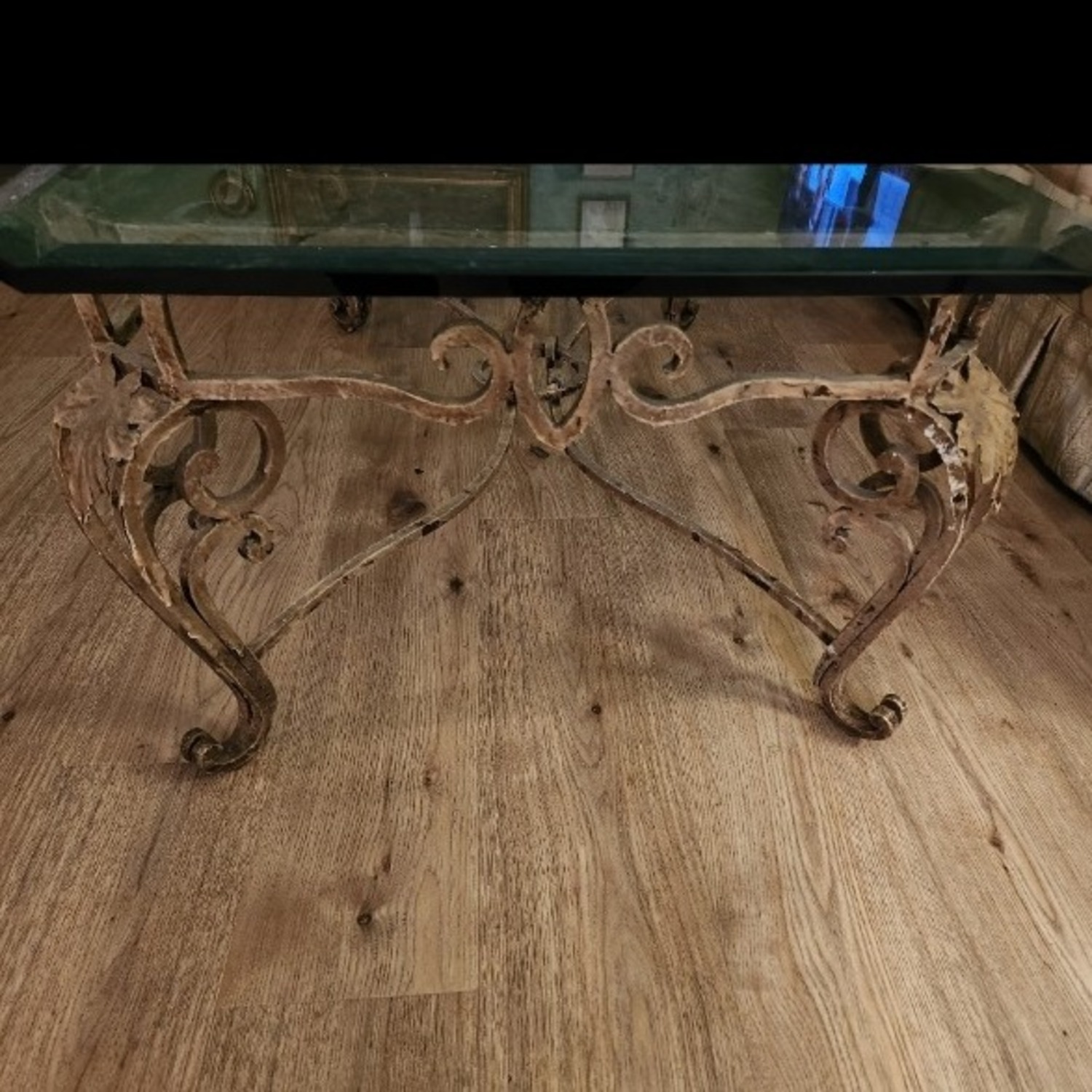 Glass Coffee Table with Iron Gold Leaf Motif - image-3