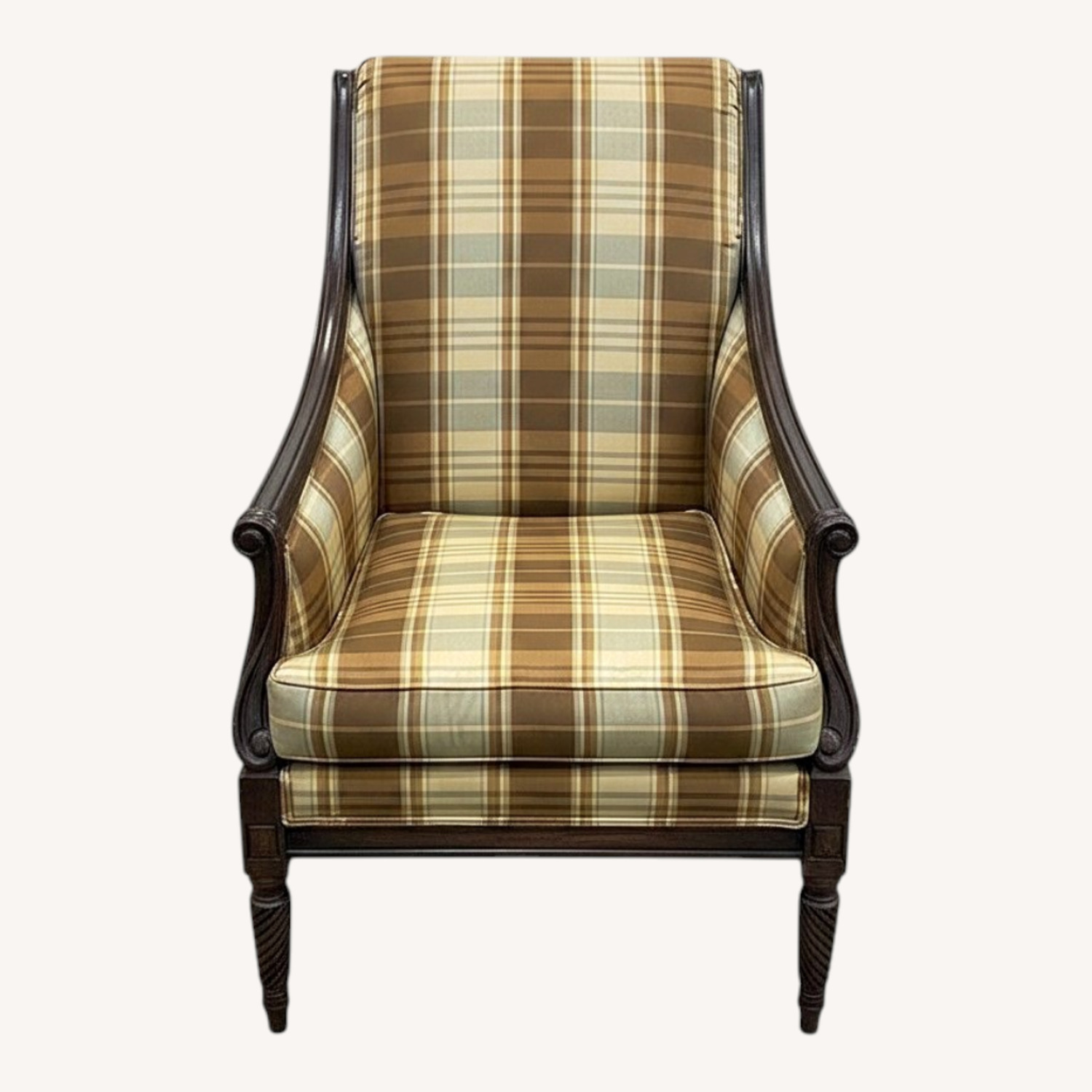 Drexel Custom Plaid Upholstered Wood Frame Chair - image-0