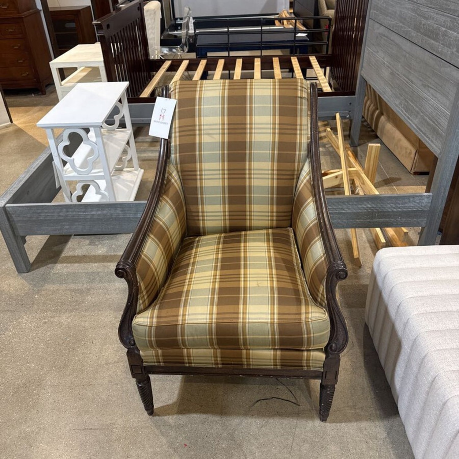 Drexel Custom Plaid Upholstered Wood Frame Chair - image-2