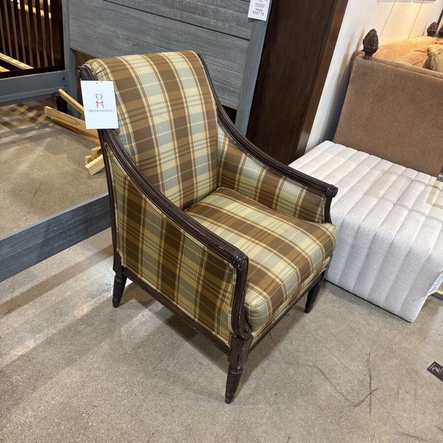 Drexel Custom Plaid Upholstered Wood Frame Chair - image-1