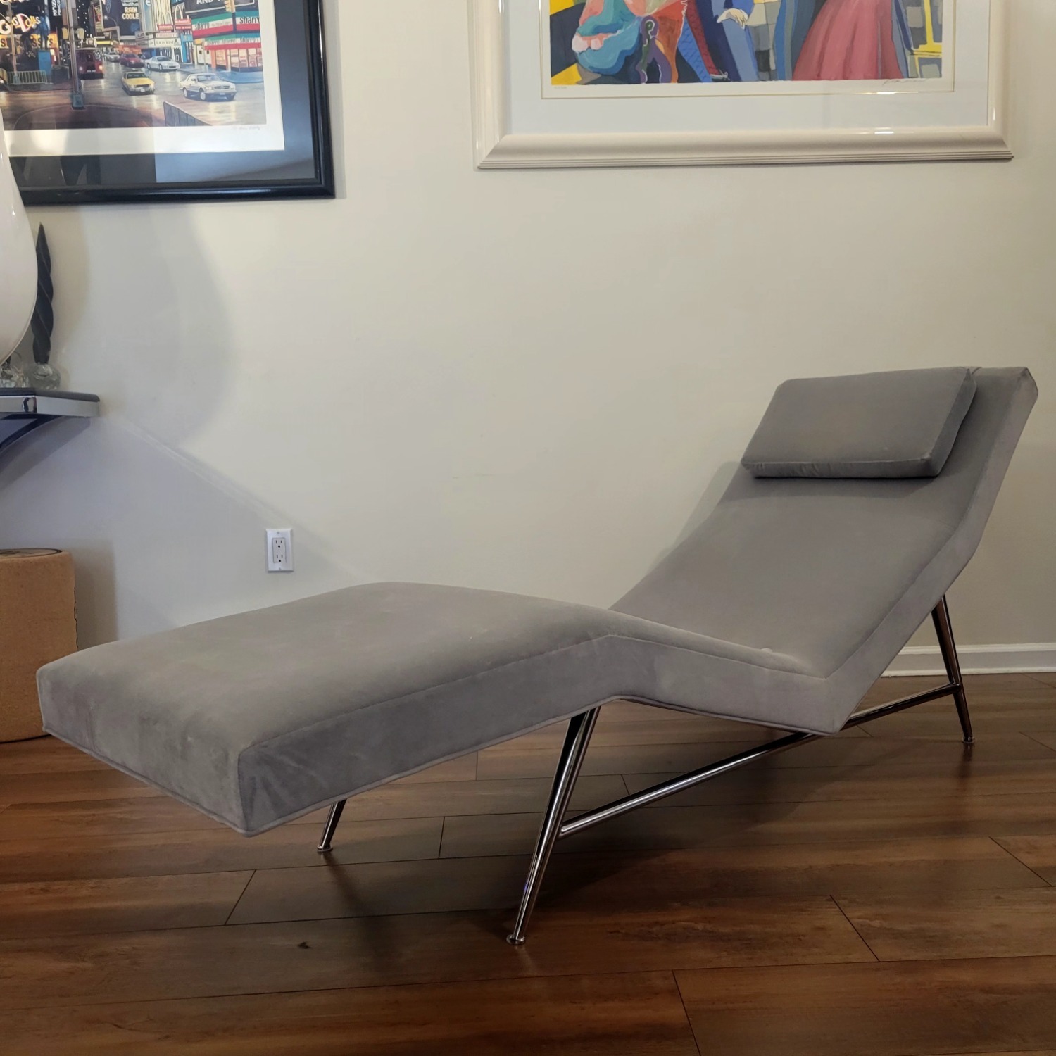 Milo Baughman Light Gray Velvet Chaise Lounge - image-1