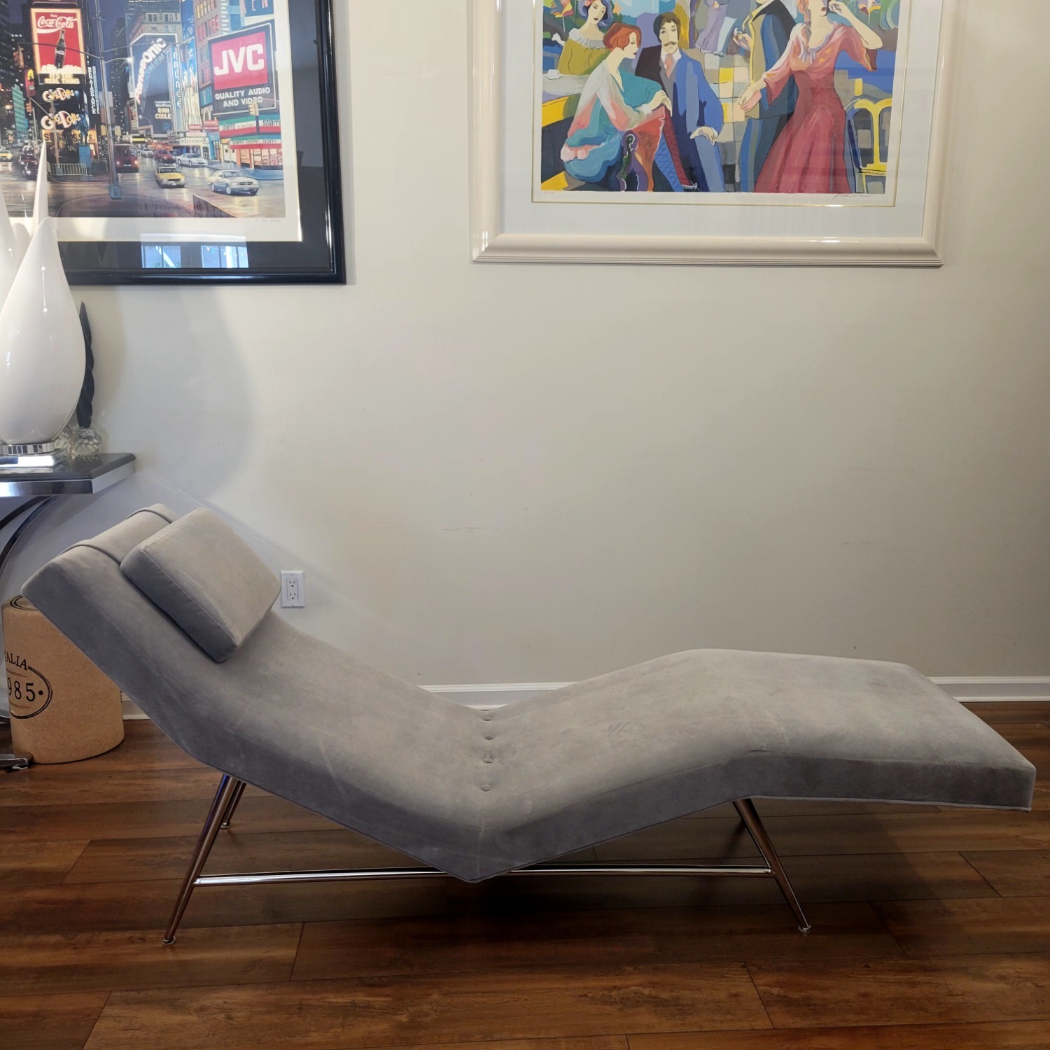 Milo Baughman Light Gray Velvet Chaise Lounge - image-8