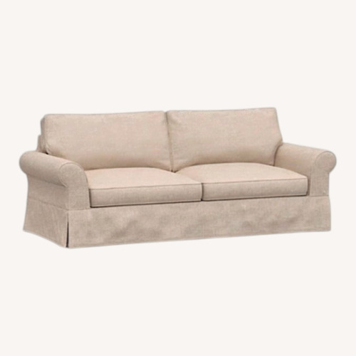 Used Pottery Barn Comfort Roll Slipvovered Park Weave Oatmeal Couch for sale on AptDeco