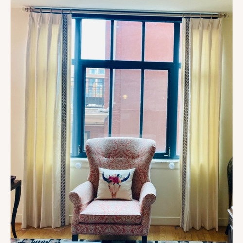 Used Ethan Allen White Linen Curtains W Greek Key Trim for sale on AptDeco