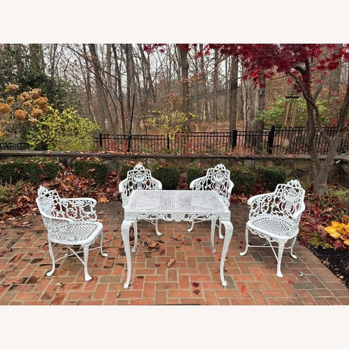 Used 1940s Cast Iron Patio Table + 4 Cast Chairs Lyre for sale on AptDeco