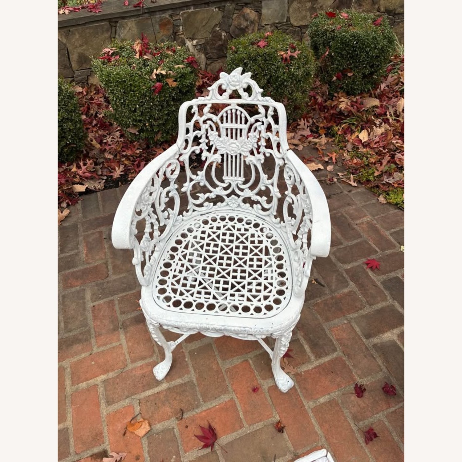 1940s Cast Iron Patio Table + 4 Cast Chairs Lyre - image-3