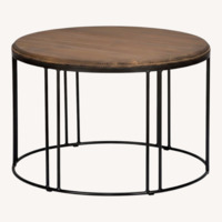 Roselyn Round Coffee Table - Solid Wood Top, Iron Legs